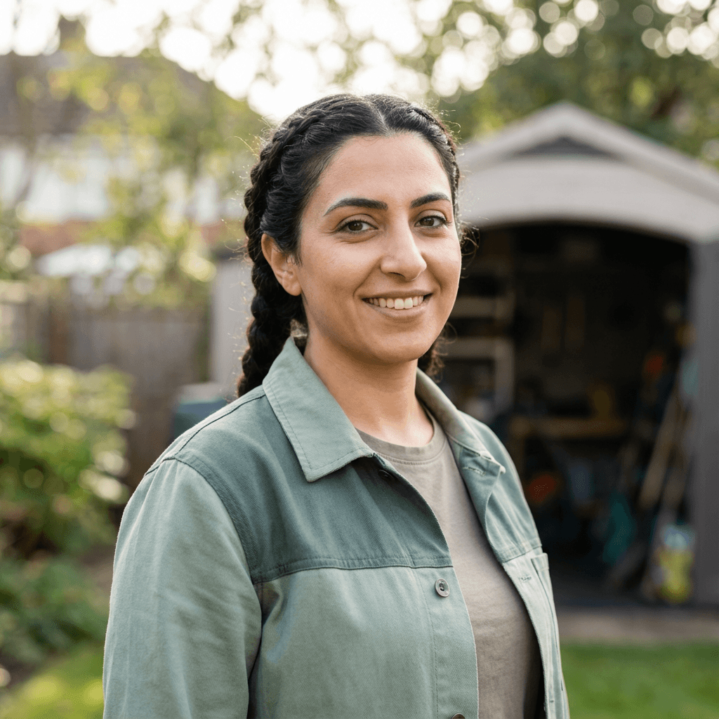 Smiling woman with braided dark hair wearing a green jacket in a sunny garden.