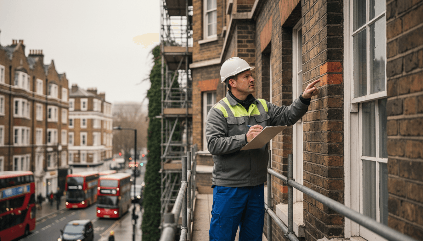 Maintenance technician inspecting a London property exterior