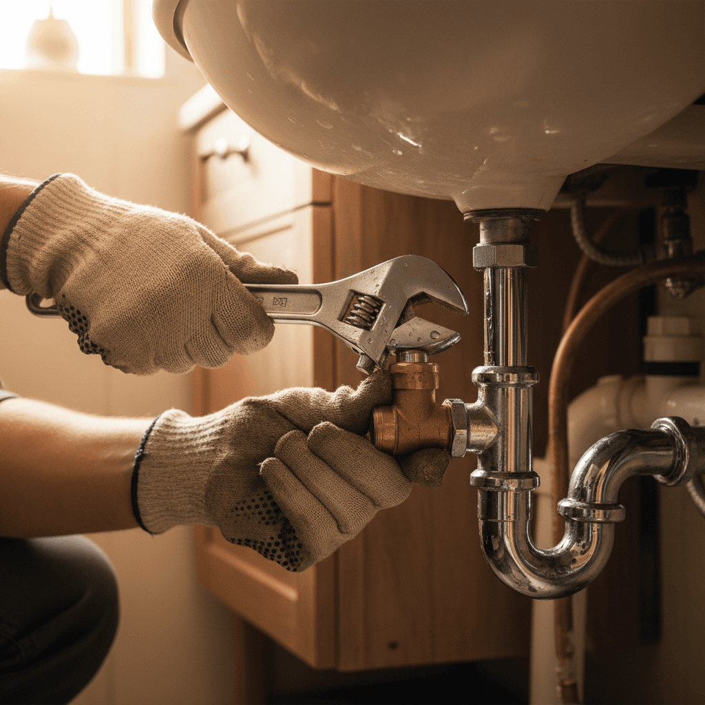 Maintenance worker repairing a valve under a sink in a London property
