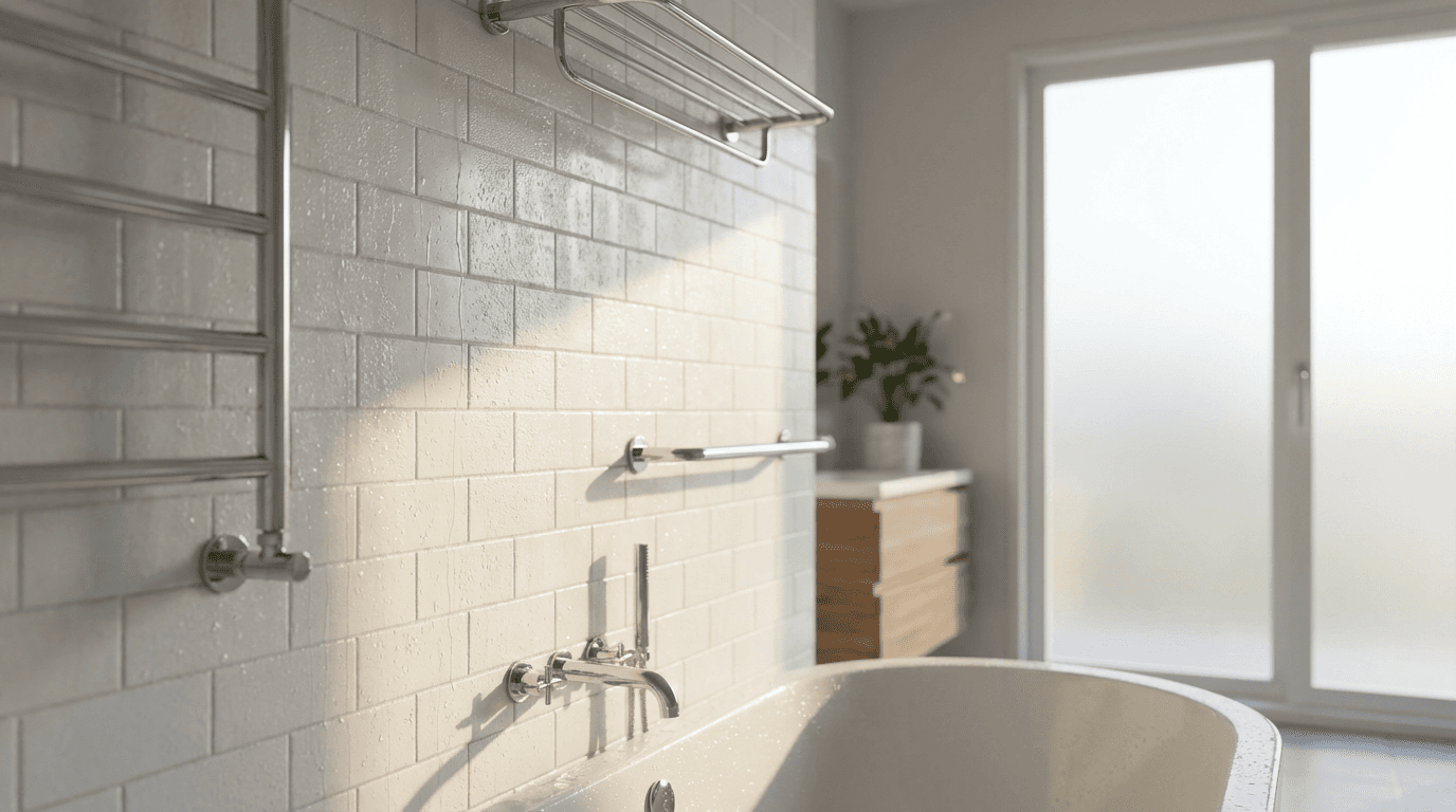 Newly tiled bathroom wall with shower