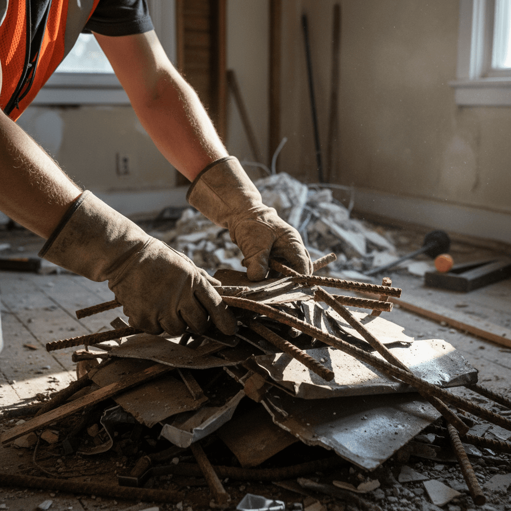 Worker demolishing an old wooden shed